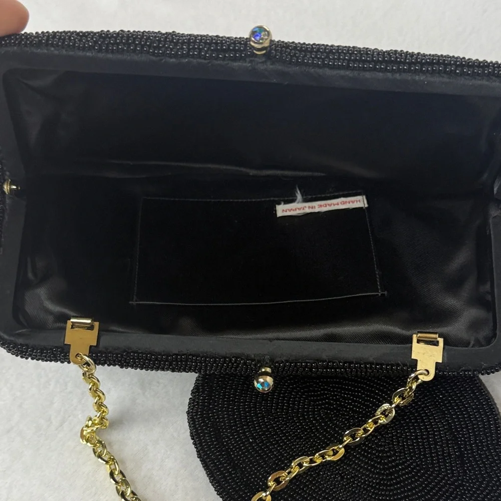 Vintage Black Beaded Kisslock Clutch Handbag and Coin Purse Set Made in Japan